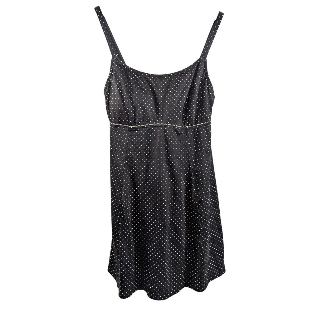 LL Bean Womens Polka Dot Empire Waist Swim Dress 10‎ Black Retro Modest Swimwear